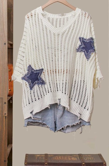 Bursting Stars Distressed Knit Pullover in White and Denim