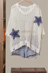 Bursting Stars Distressed Knit Pullover in White and Denim