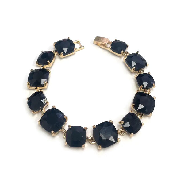 Broadway Square Cushion Cut Crystal Glass Linked Bracelet in Black