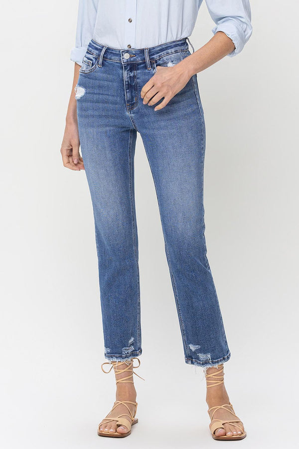 Danielle High Rise Raw Hem Straight Jeans in Medium Denim
