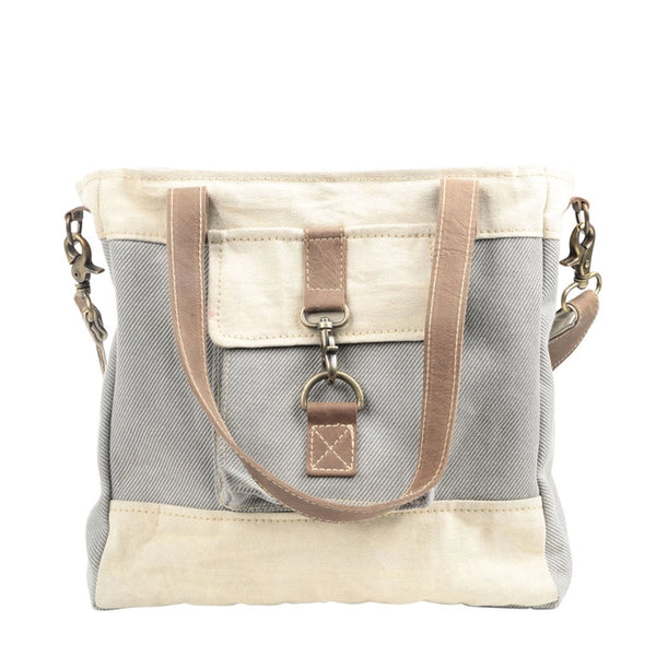 Stephanie Mixed Fabric Canvas Crossbody Tote in Grey and Cream