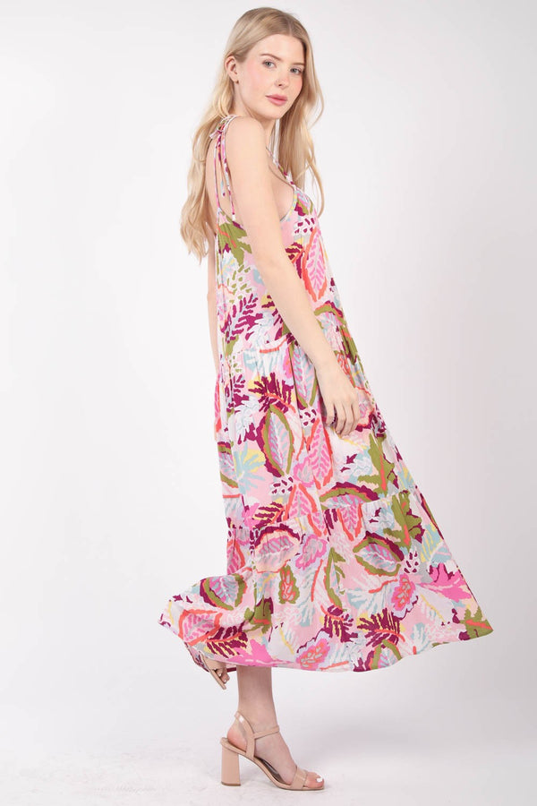 One Way Ticket Tropical Printed Cami Midi Dress In Pink