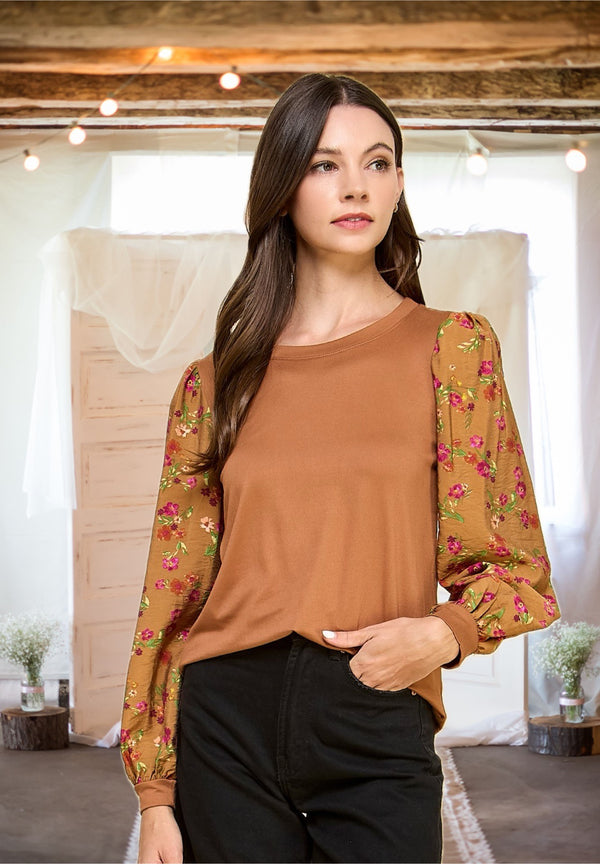 As You Wish Floral Sleeve Blouse in Caramel