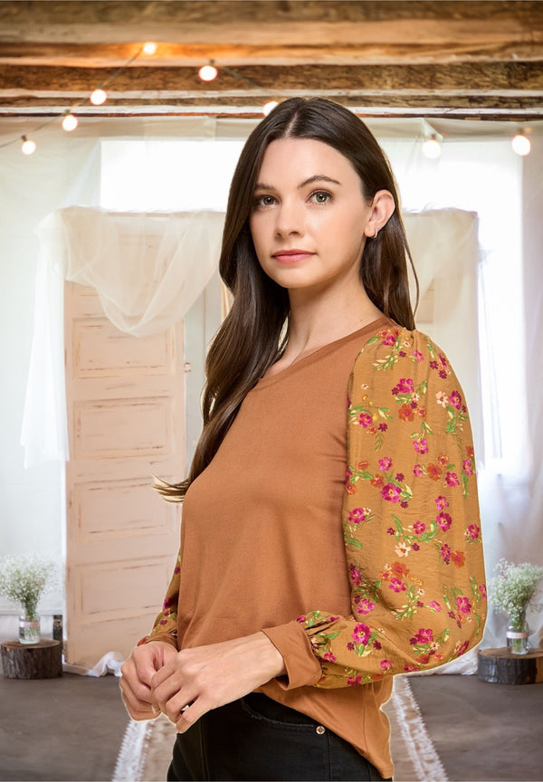 As You Wish Floral Sleeve Blouse in Caramel