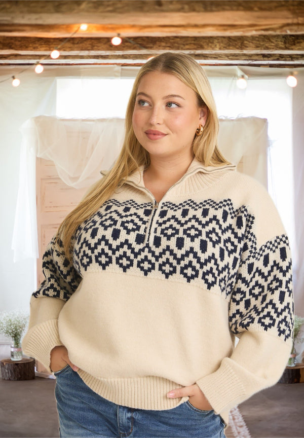 Aspen Dreams Half Zip Sweater in Ivory and Navy - Curvy