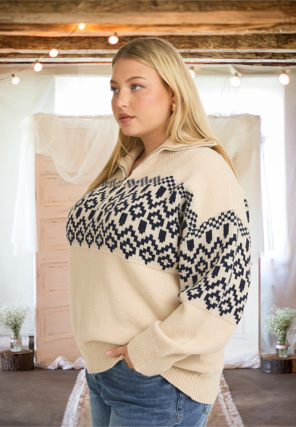 Aspen Dreams Half Zip Sweater in Ivory and Navy - Curvy