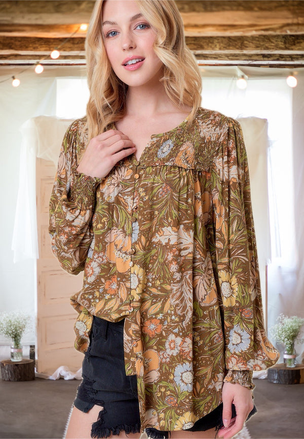 Autumn Splendor Smocked Floral Print Blouse in Olive