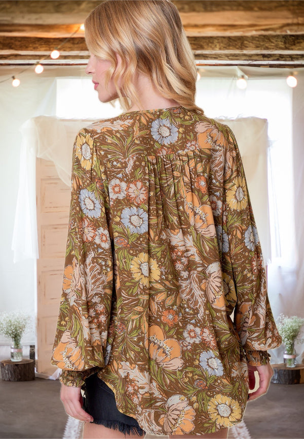 Autumn Splendor Smocked Floral Print Blouse in Olive