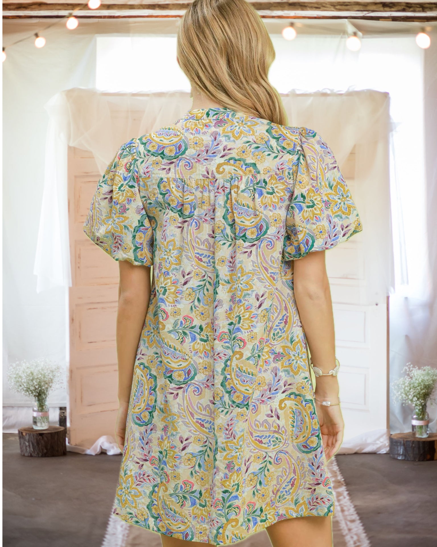Lucia Paisley Floral Puff Sleeve Shift Dress