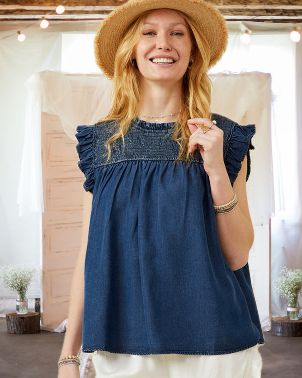 Let's Get Together Smocked Denim Top in Dark Denim