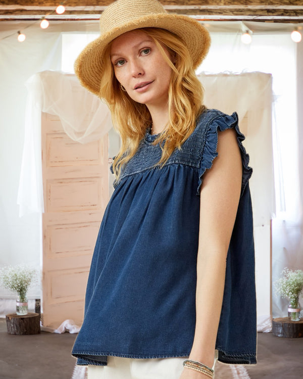 Let's Get Together Smocked Denim Top in Dark Denim