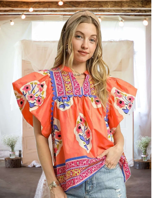 Umgee: Floral Puff Sleeve Blouse in Coral