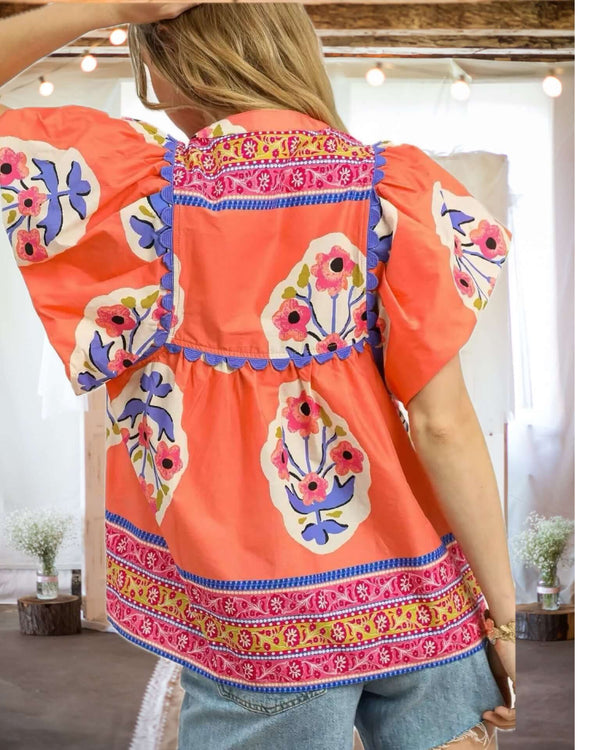 Umgee: Floral Puff Sleeve Blouse in Coral