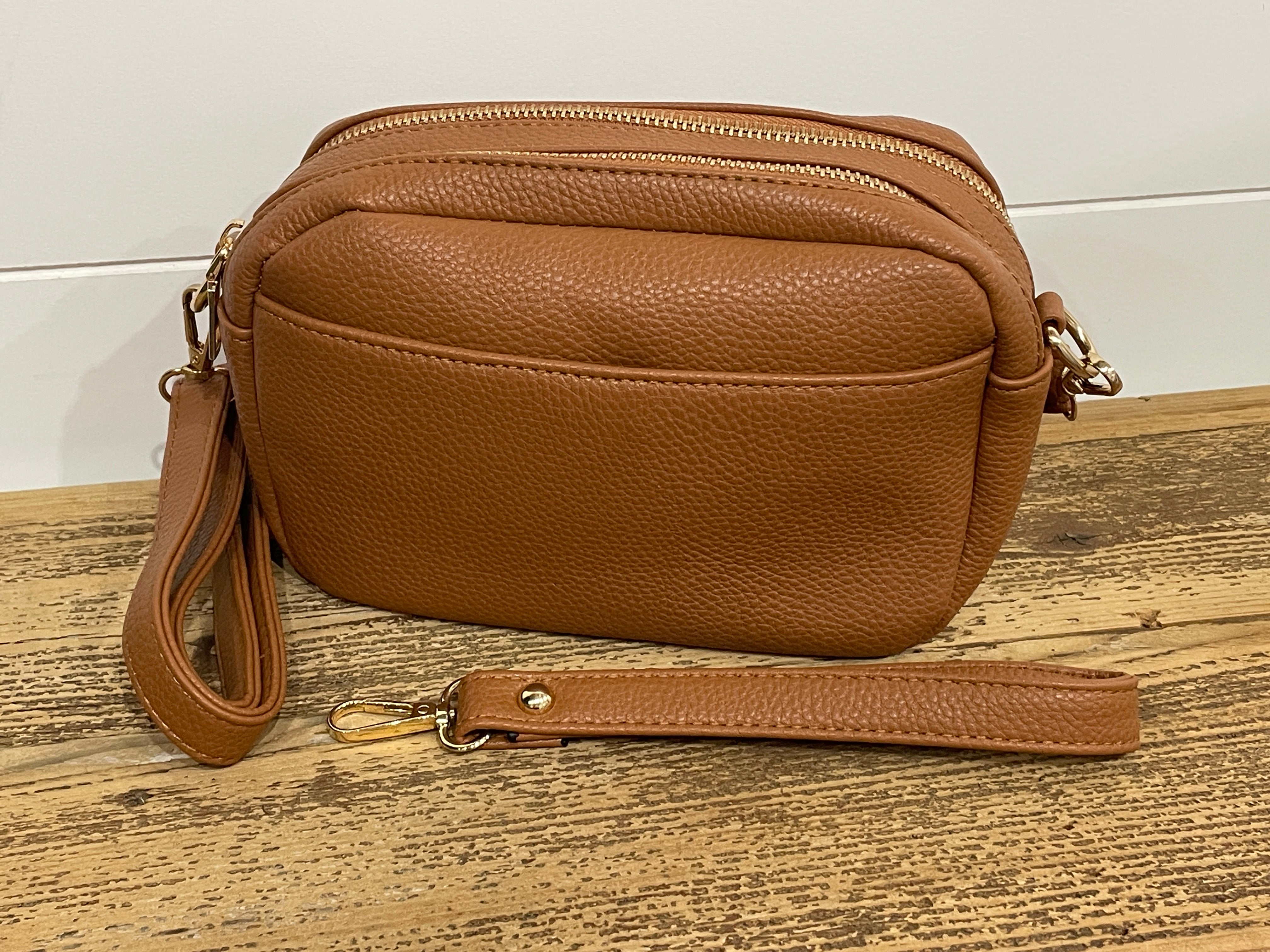 Ciao, Babe! Leather Rectangle Crossbody Bag in Tan