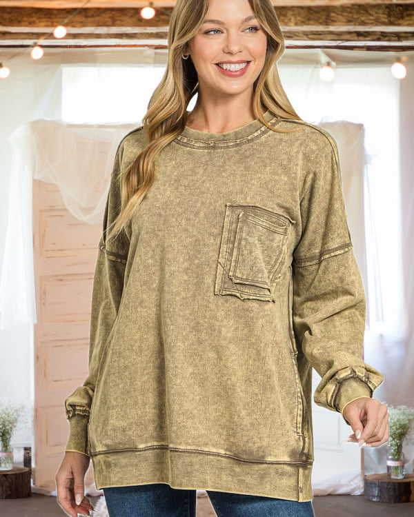 Ready, Set, Relax! Acid Wash French Terry Pullover in Mocha