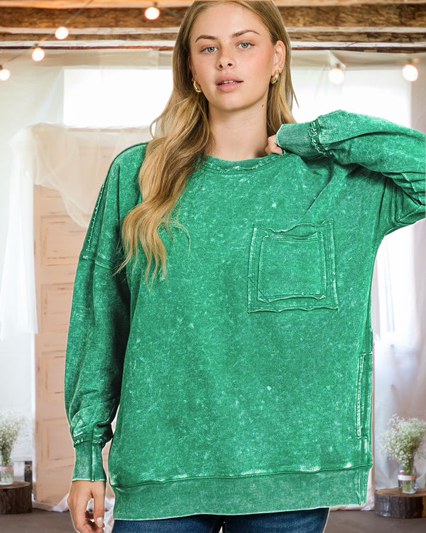 Ready, Set, Relax! Acid Wash French Terry Pullover in Forest Green