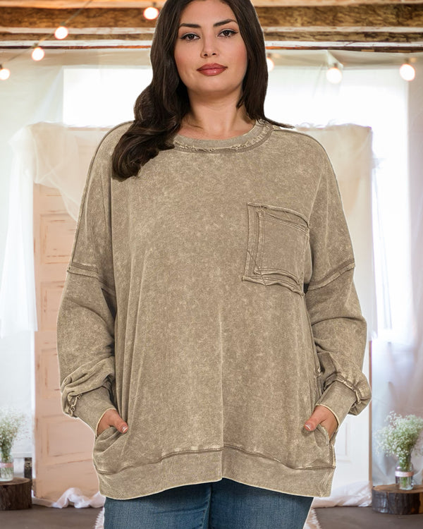 Ready, Set, Relax! Acid Wash French Terry Pullover in Mocha - Curvy