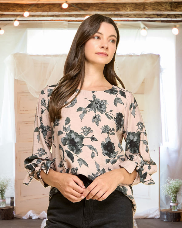 Maya Three-Quarter Tie Sleeve Floral Blouse in Mauve