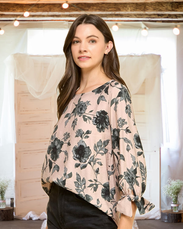 Maya Three-Quarter Tie Sleeve Floral Blouse in Mauve