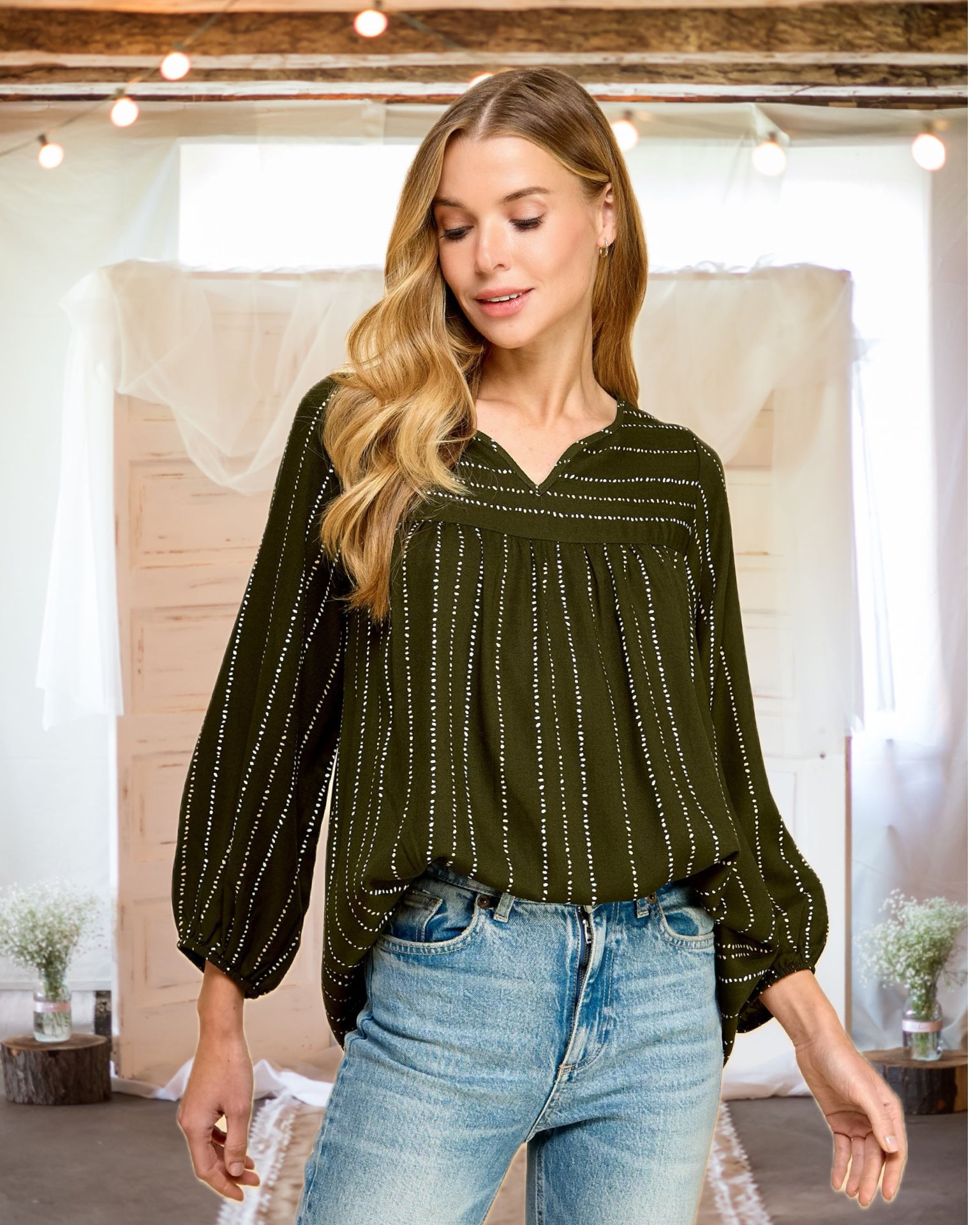 Zoe Striped Dot Print Blouse in Olive