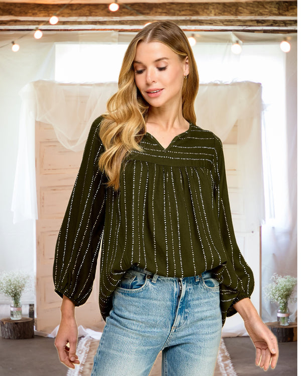 Zoe Striped Dot Print Blouse in Olive