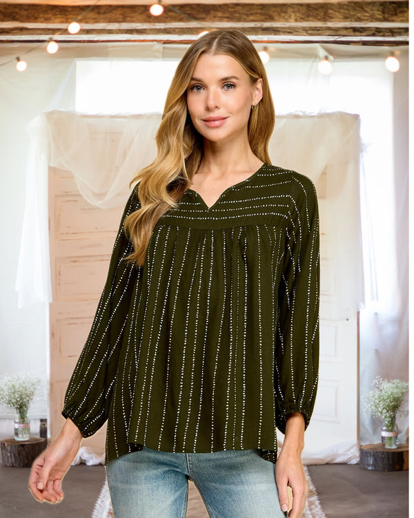 Zoe Striped Dot Print Blouse in Olive