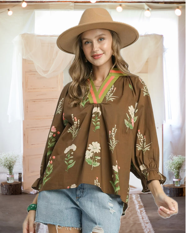 Morgan Floral Contrast Trim Blouse in Brown