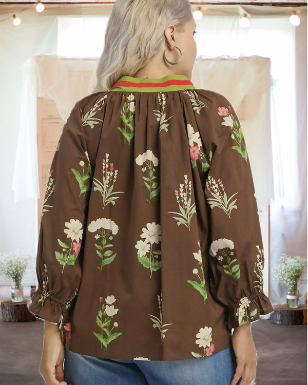 Morgan Floral Contrast Trim Blouse in Brown - Curvy