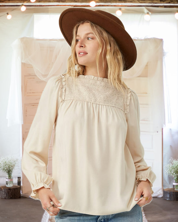 Delia Ruffle and Smocked Blouse in Natural