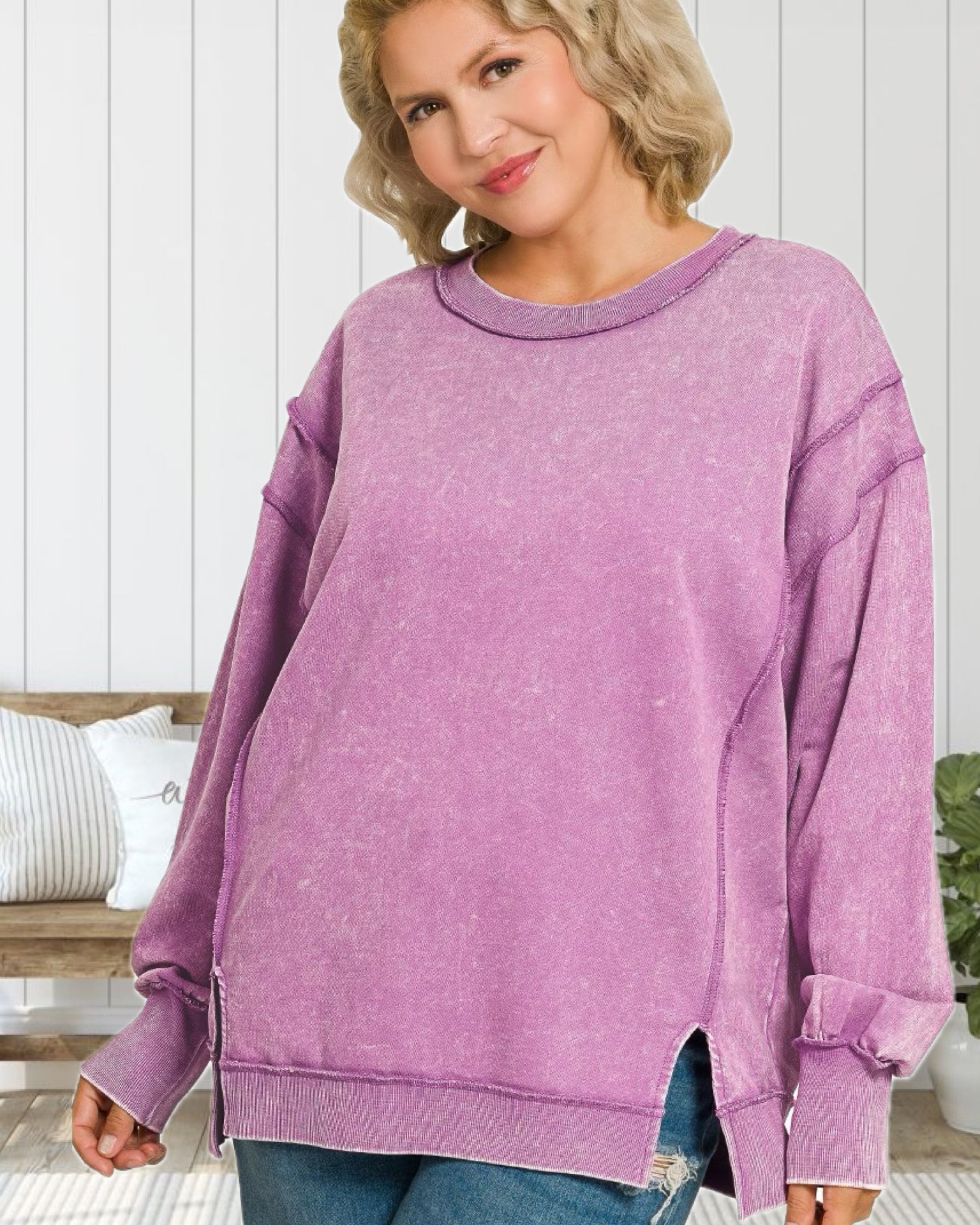 Cozy State of Mind Acid Washed French Terry Sweatshirt in Violet - Curvy