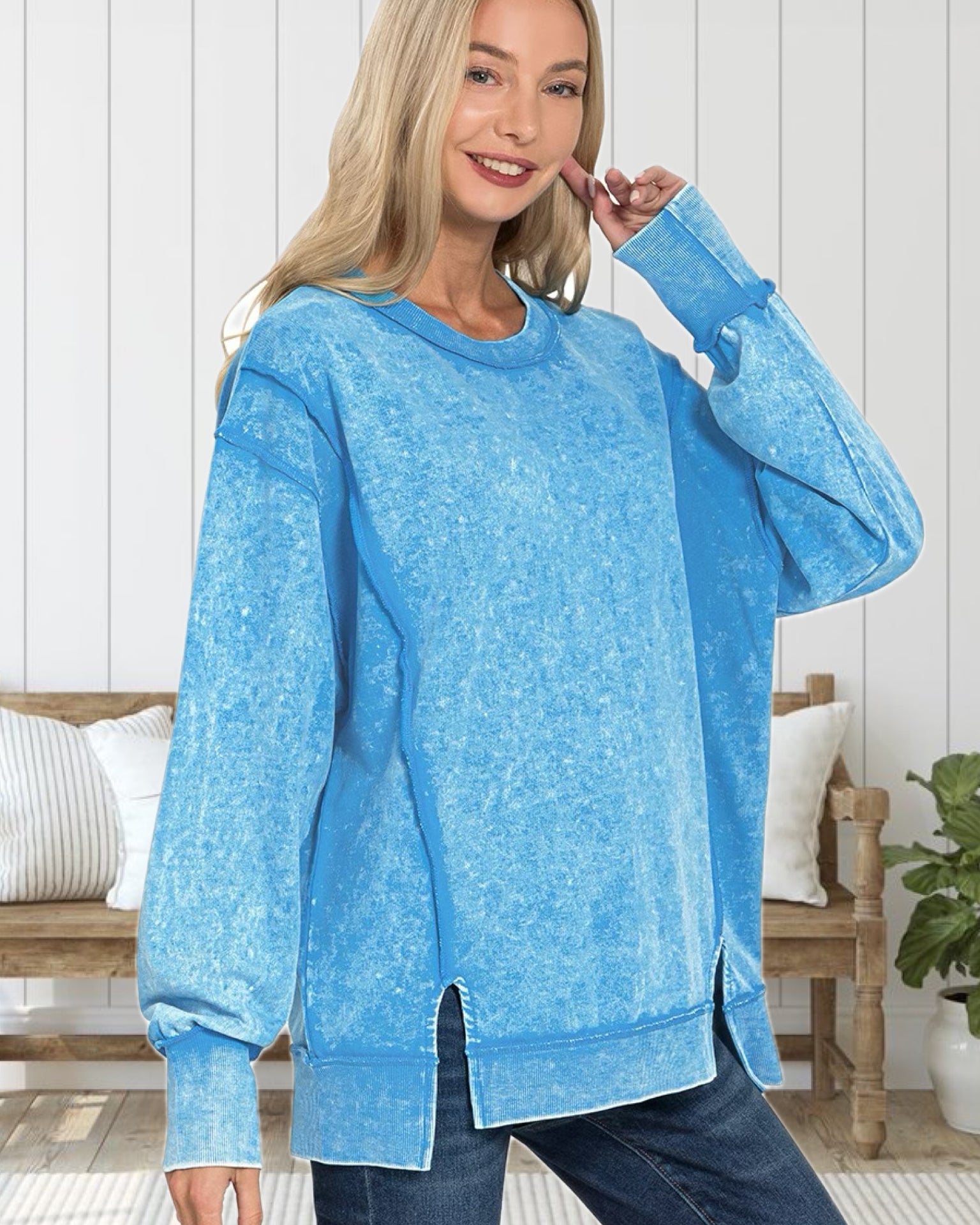 Cozy State of Mind Acid Washed French Terry Sweatshirt in Deep Sky