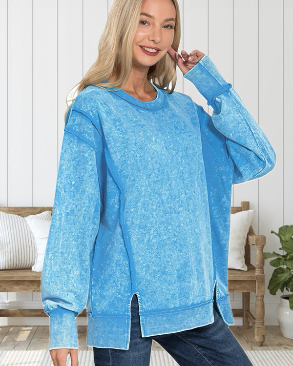 Cozy State of Mind Acid Washed French Terry Sweatshirt in Deep Sky