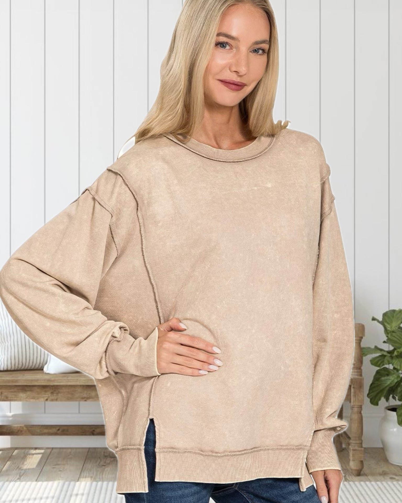 Cozy State of Mind Acid Washed French Terry Sweatshirt in Ash Mocha