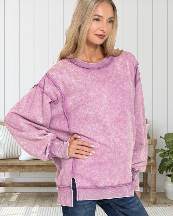 Cozy State of Mind Acid Washed French Terry Sweatshirt in Violet