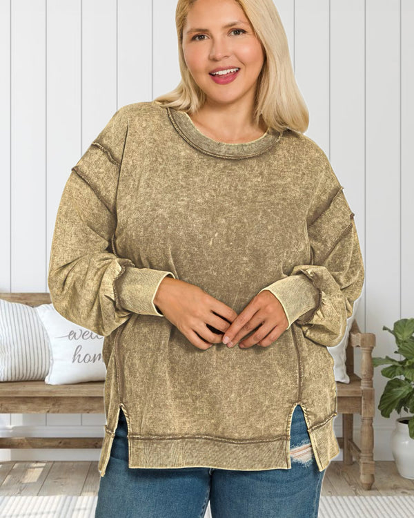 Cozy State of Mind Acid Washed French Terry Sweatshirt in Mocha - Curvy