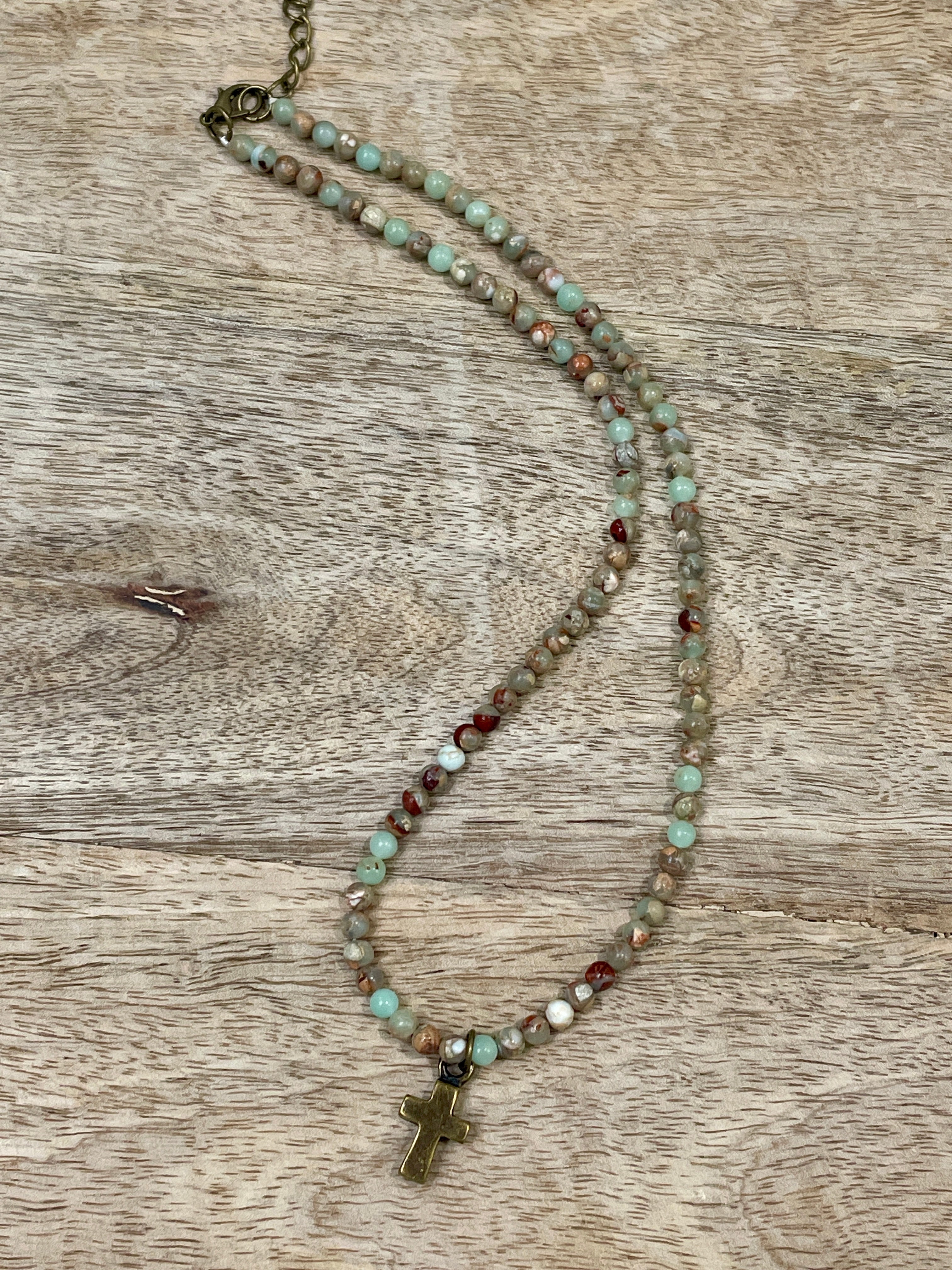 Devoted Imperial Jasper Bead and Bronze Cross Necklace