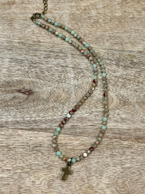 Devoted Imperial Jasper Bead and Bronze Cross Necklace