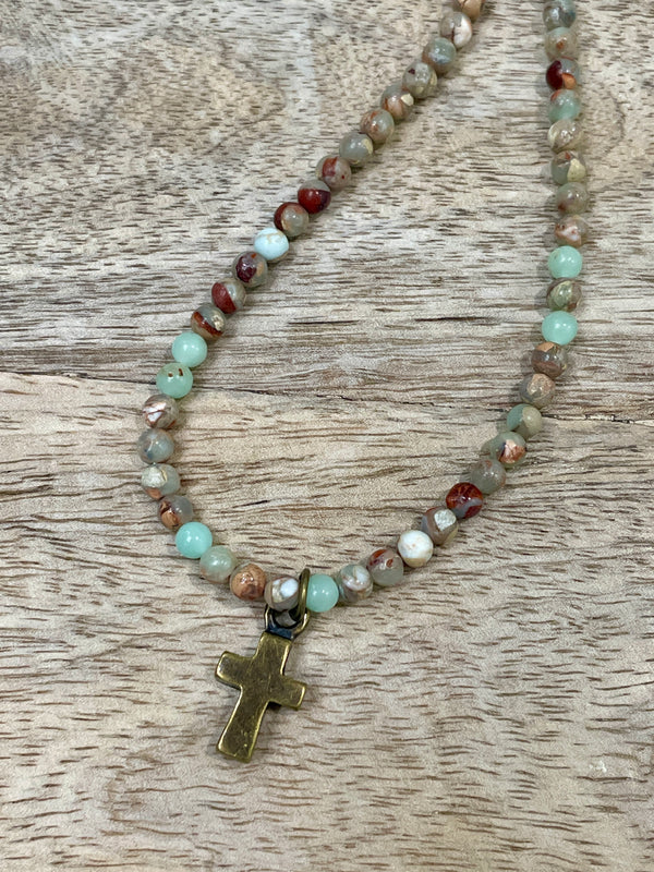 Devoted Imperial Jasper Bead and Bronze Cross Necklace