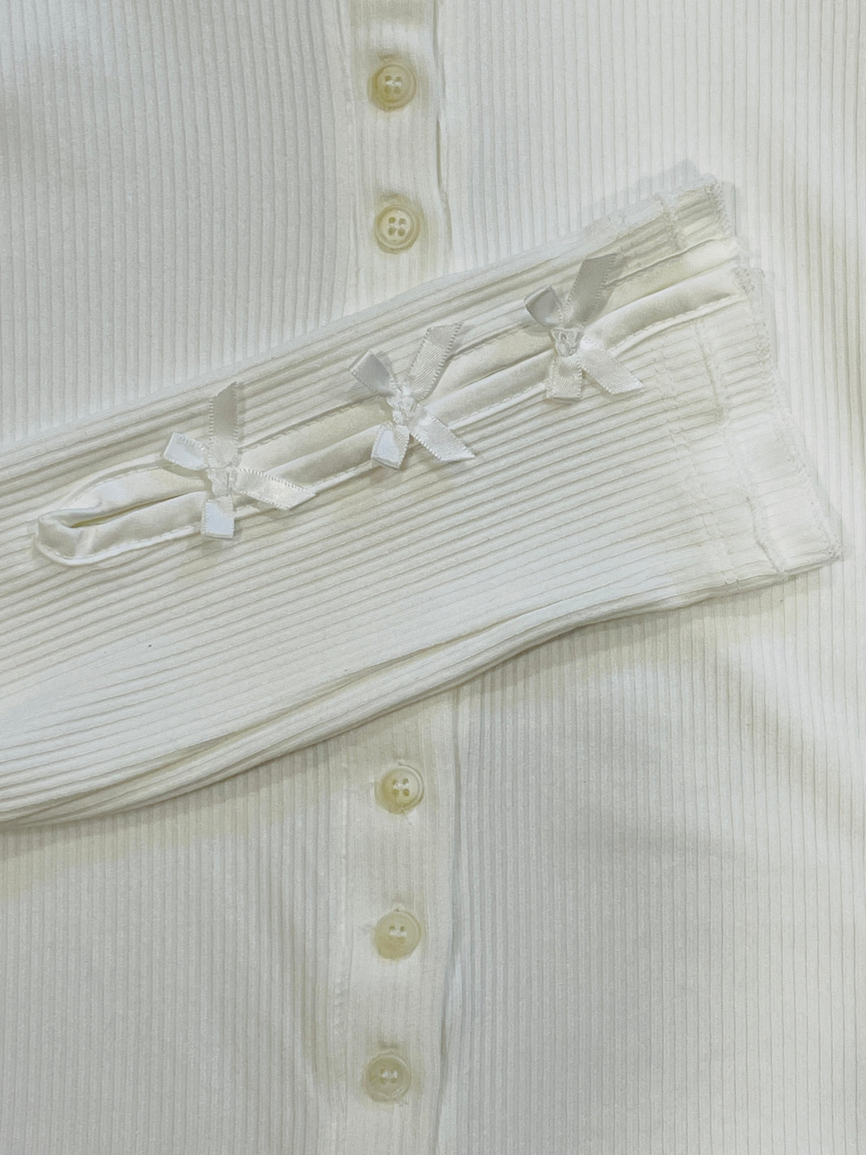 Alivia Button Down Bow Trim Ribbed Top in Off White