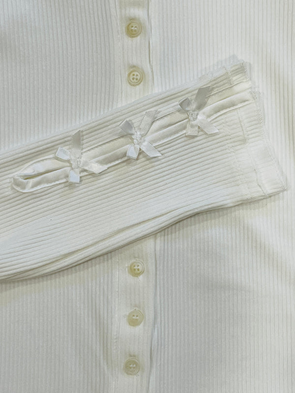 Alivia Button Down Bow Trim Ribbed Top in Off White