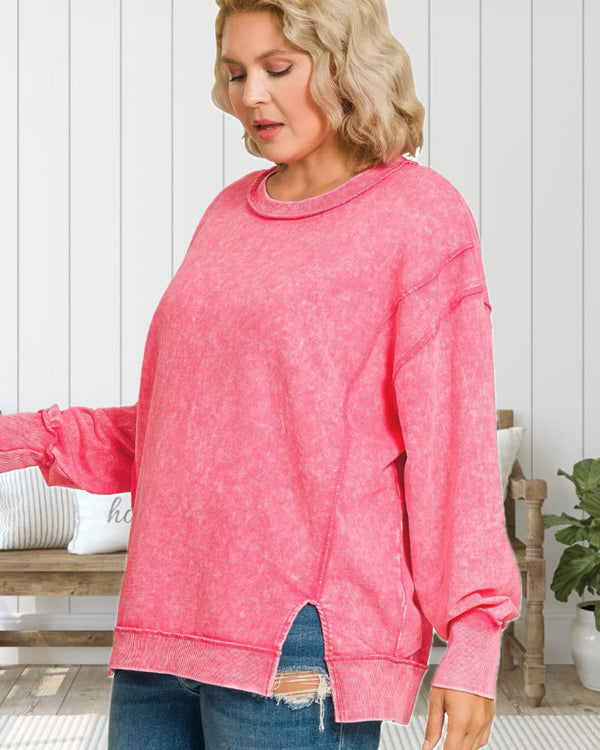 Cozy State of Mind Acid Washed French Terry Sweatshirt in Fuchsia - Curvy