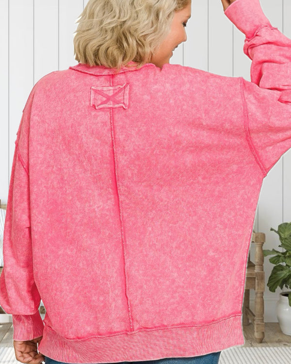 Cozy State of Mind Acid Washed French Terry Sweatshirt in Fuchsia - Curvy