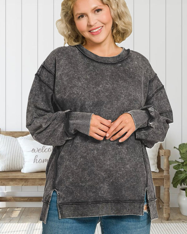 Cozy State of Mind Acid Washed French Terry Sweatshirt in Ash Black - Curvy