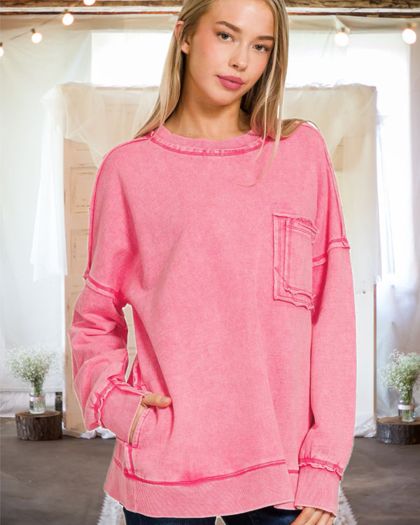 Ready, Set, Relax! Acid Wash French Terry Pullover in Fuchsia