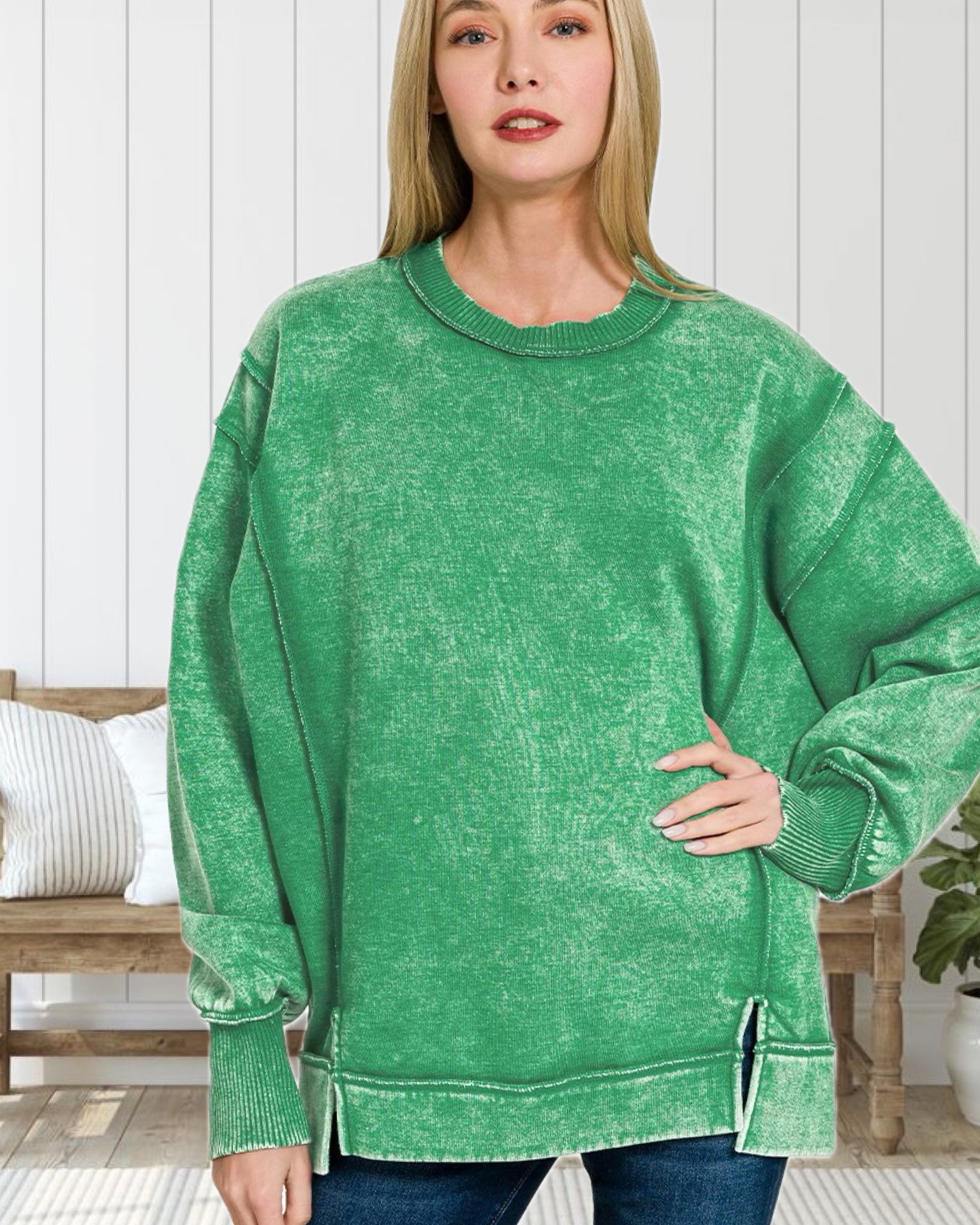 Time For Dreaming Acid Wash Exposed Seam Fleece Sweatshirt in Forest Green