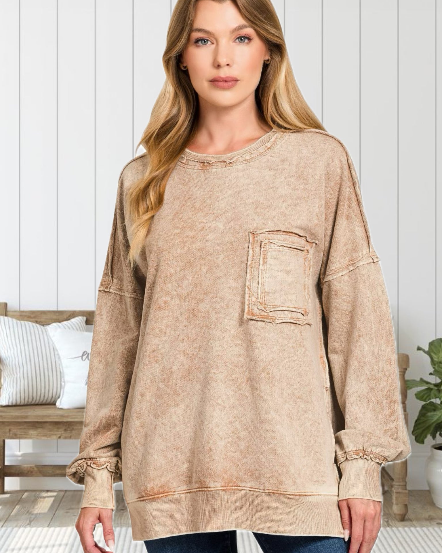 Always Enjoying Life Halo Washed French Terry Exposed Seam Sweatshirt in Light Mocha