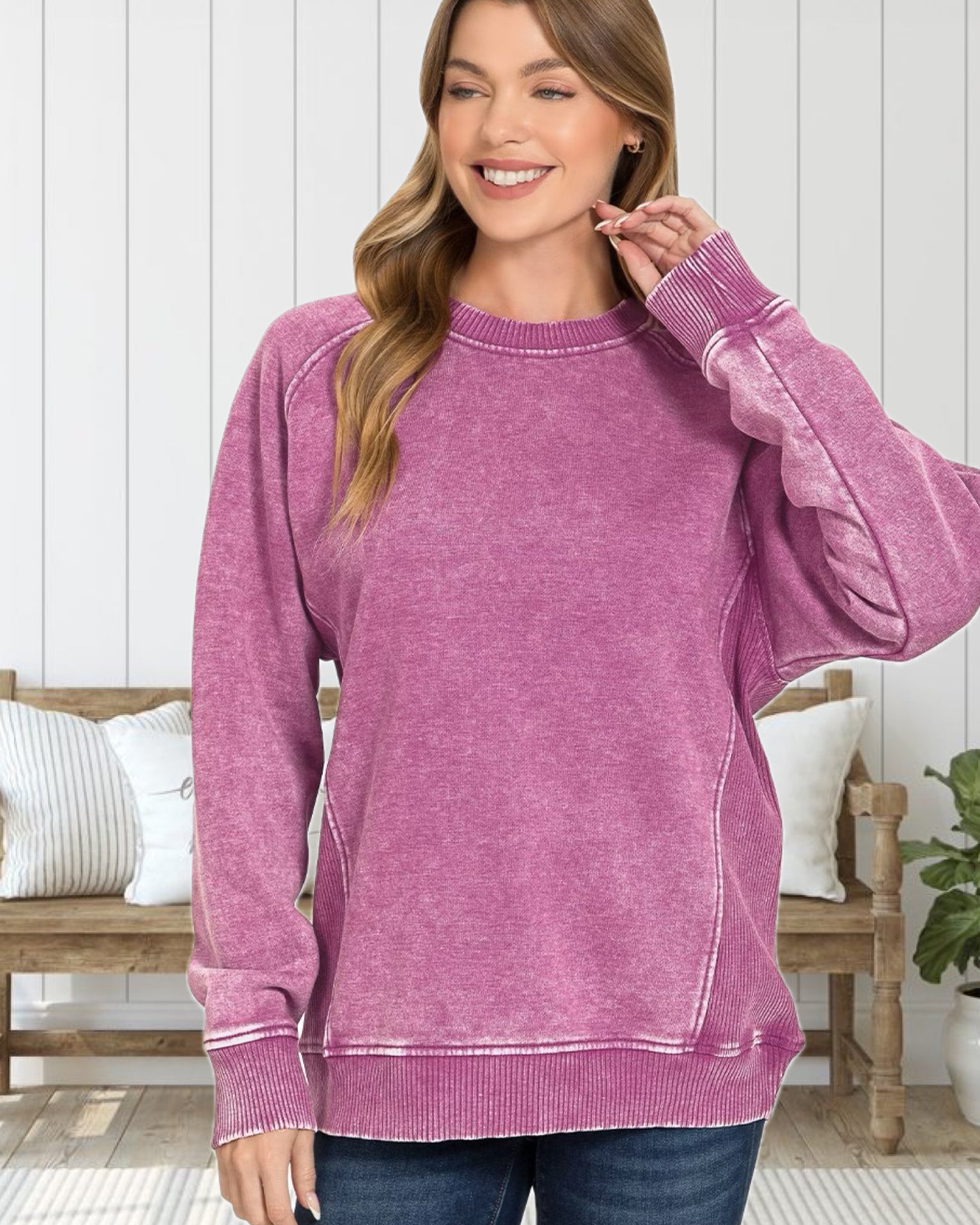 Cozy Time Acid Washed Fleece Sweatshirt with Side Ribbing in Vibrant Plum
