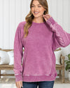 Cozy Time Acid Washed Fleece Sweatshirt with Side Ribbing in Vibrant Plum