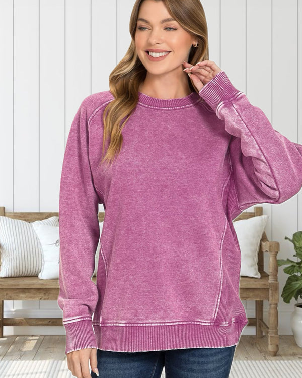 Cozy Time Acid Washed Fleece Sweatshirt with Side Ribbing in Vibrant Plum