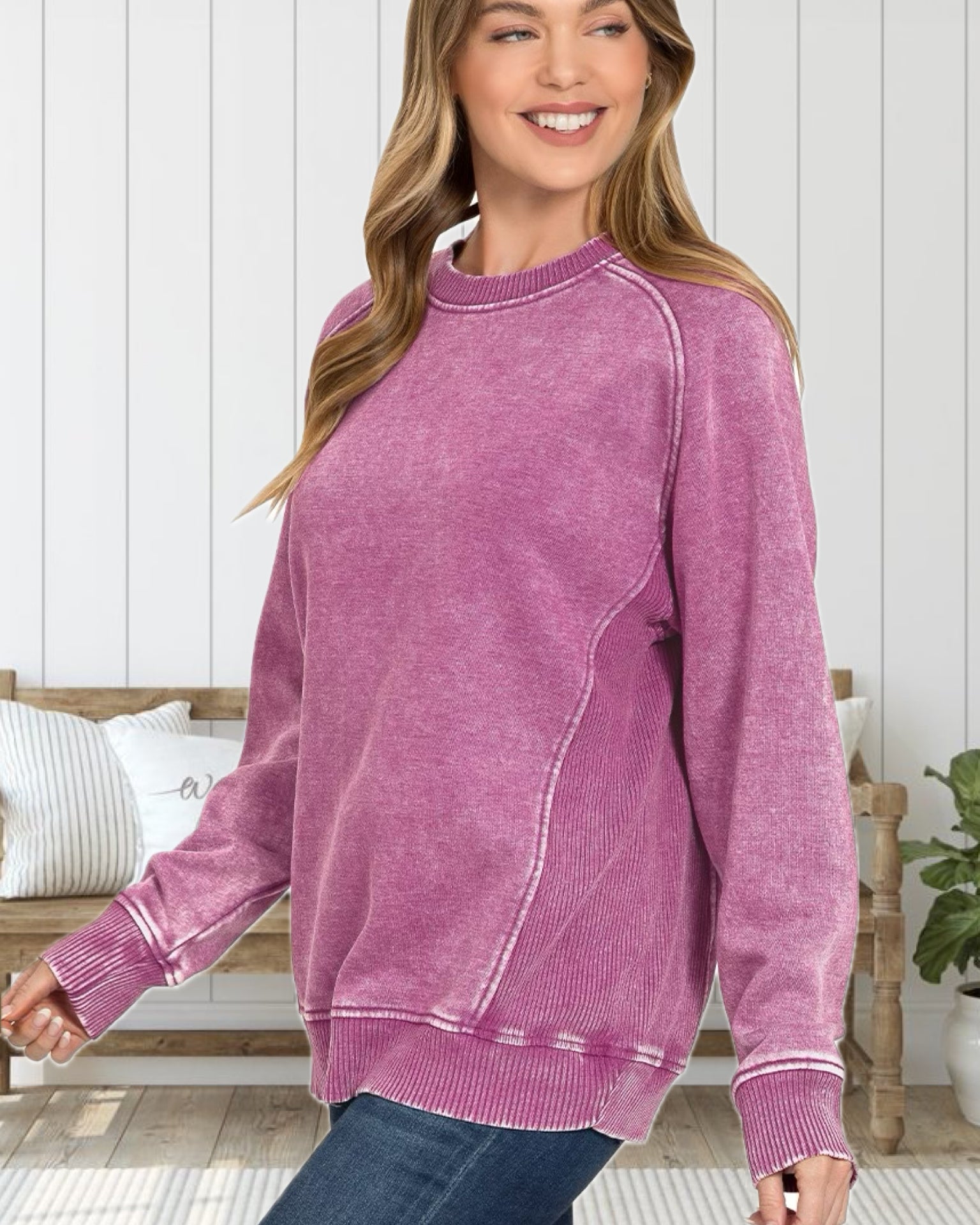 Cozy Time Acid Washed Fleece Sweatshirt with Side Ribbing in Vibrant Plum